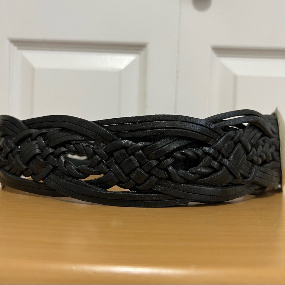 Chico’s Wide Braided Black Leather Belt w/ Large Silver & Brass Metal Buckle S/M - Picture 3 of 15